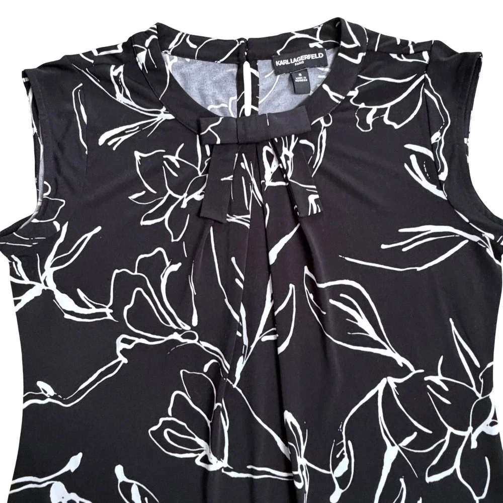 Karl Lagerfeld Paris Black White Floral Sleeveless Bow Neck Top Women's Size S - Picture 3 of 9
